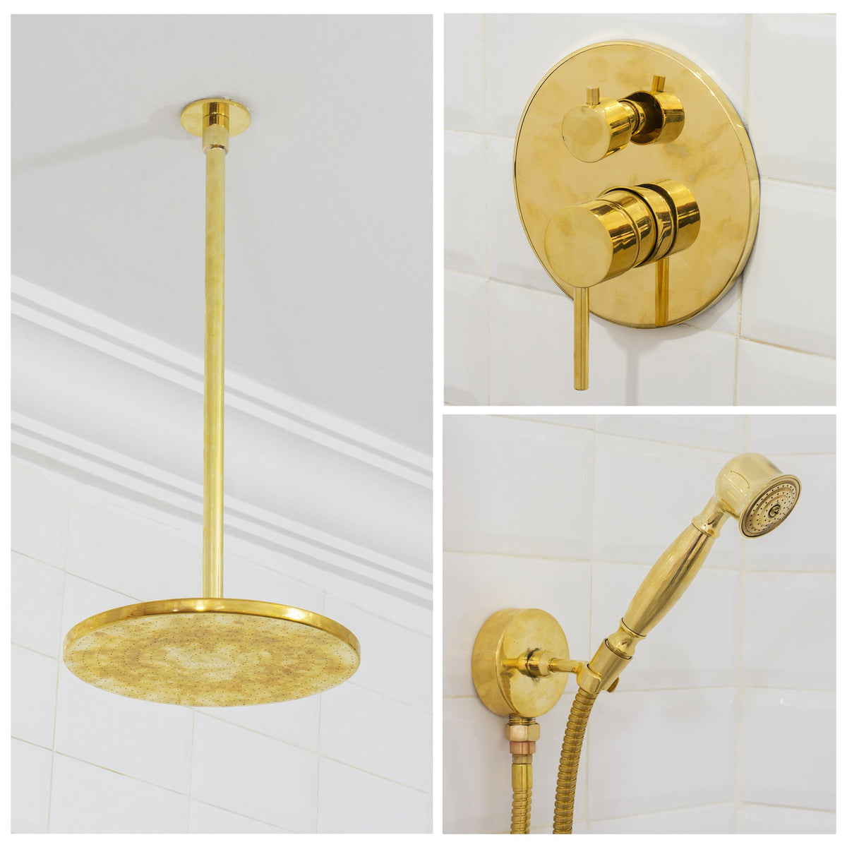 Unlacquered Brass 2 - Outlet Shower, Ceiling Shower System, Overhead Shower With Handheld, Ceiling Mount Showerhead And Hand Shower - Insideast
