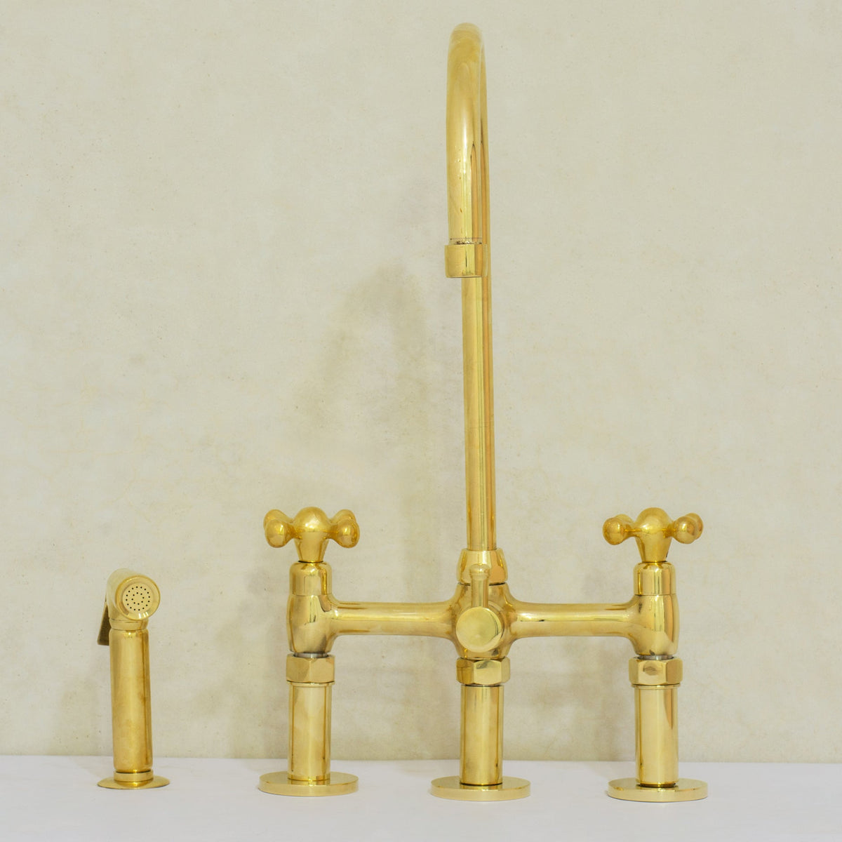 Unlacquered Brass 3 - Hole Bridge Faucet With Sprayer, 3 Legs Faucet, Deck Mount Kitchen Faucet - Insideast