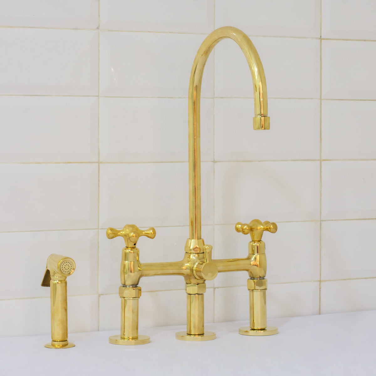 Unlacquered Brass 3 - Hole Bridge Faucet With Sprayer, 3 Legs Faucet, Deck Mount Kitchen Faucet - Insideast