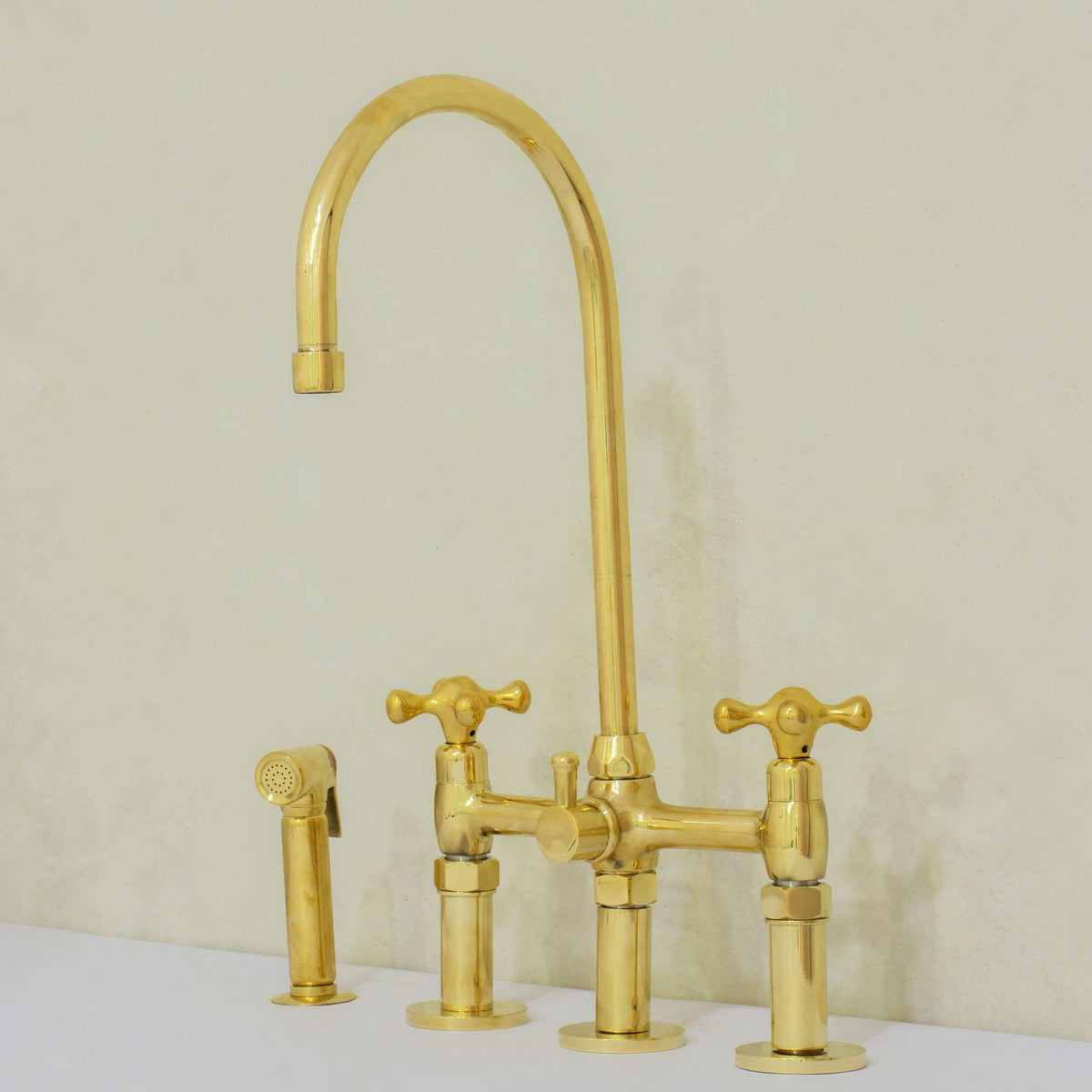Unlacquered Brass 3 - Hole Bridge Faucet With Sprayer, 3 Legs Faucet, Deck Mount Kitchen Faucet - Insideast