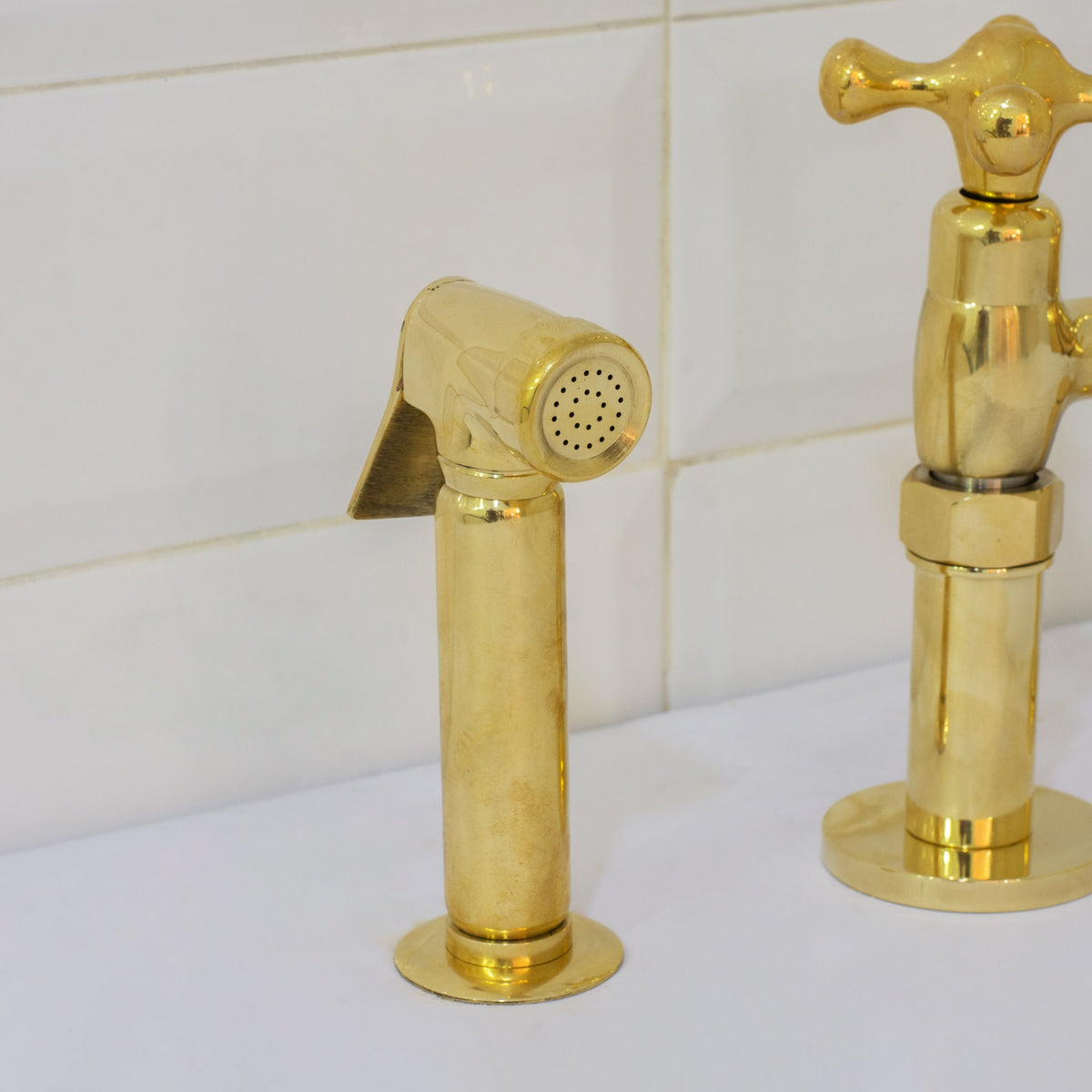 Unlacquered Brass 3 - Hole Bridge Faucet With Sprayer, 3 Legs Faucet, Deck Mount Kitchen Faucet - Insideast