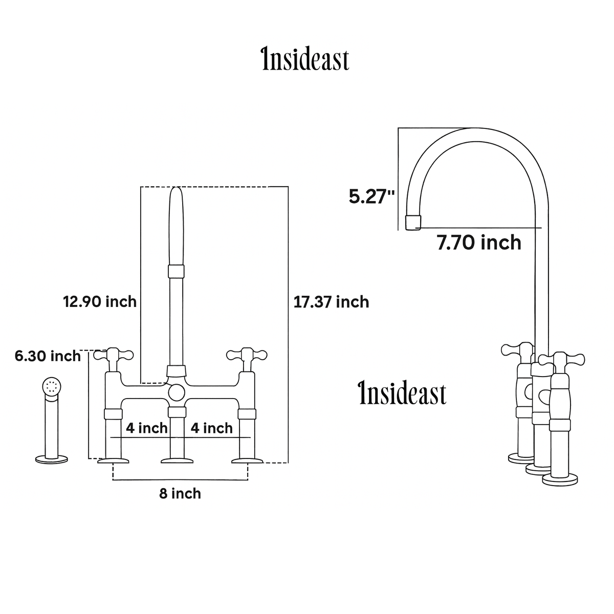 Unlacquered Brass 3 - Hole Bridge Faucet With Sprayer, 3 Legs Faucet, Deck Mount Kitchen Faucet - Insideast