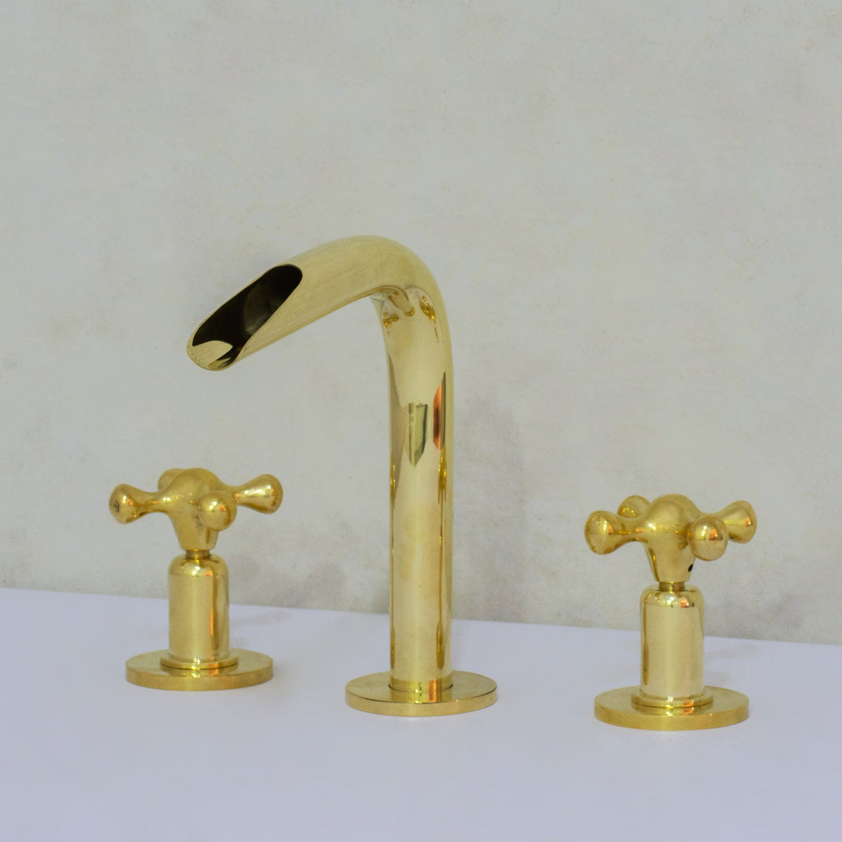 Unlacquered Brass 3 - Hole Widespread Faucet, Deck Mount Bathroom Waterfall Faucet - Insideast