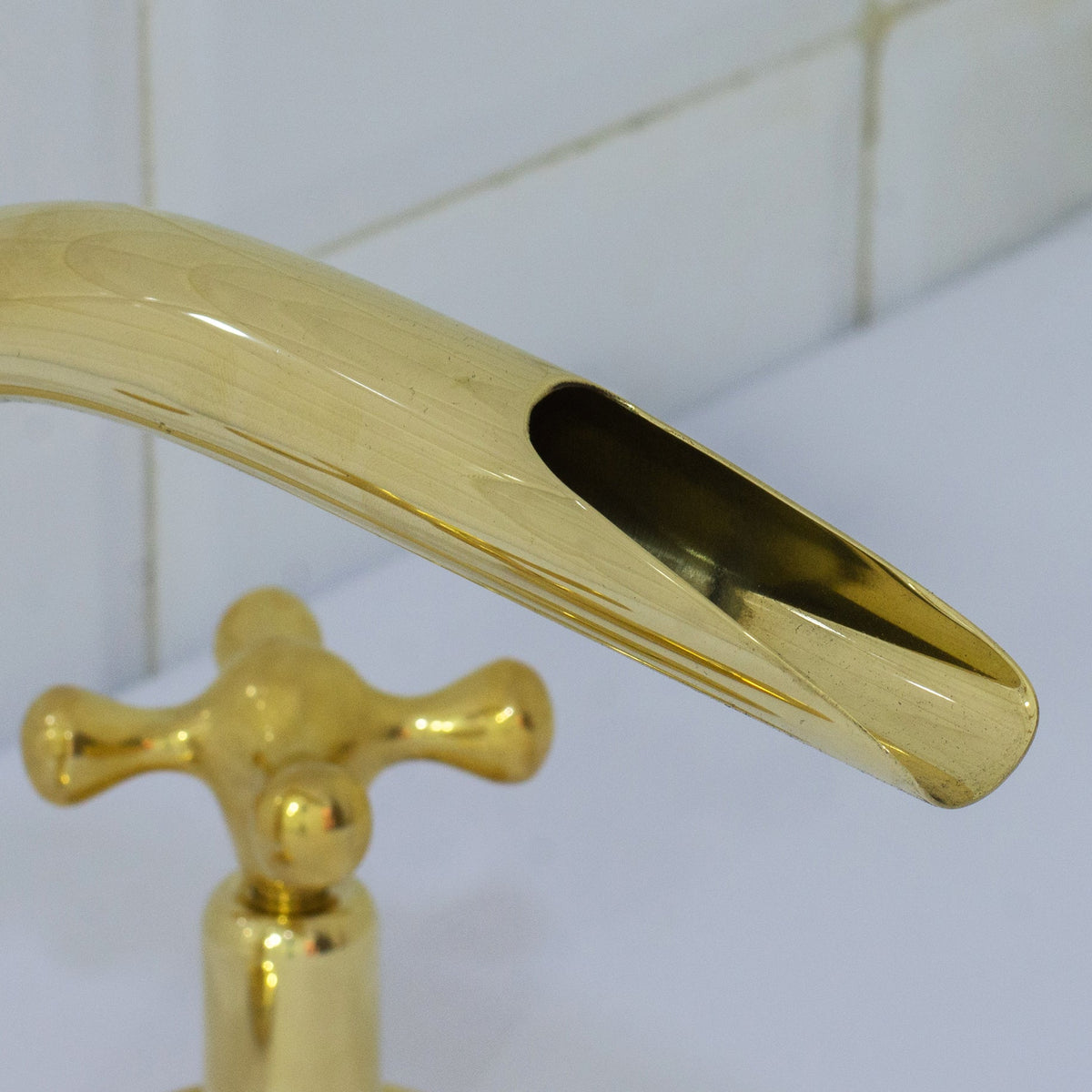 Unlacquered Brass 3 - Hole Widespread Faucet, Deck Mount Bathroom Waterfall Faucet - Insideast