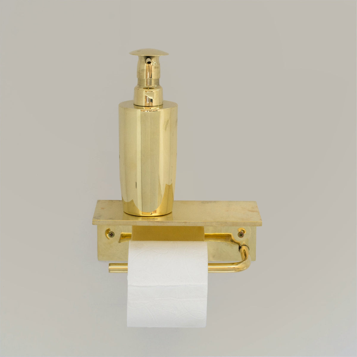Unlacquered Brass Bathroom Floating Shelf With Hook, Wall Mount Shelf With Toilet Paper Holder - Insideast
