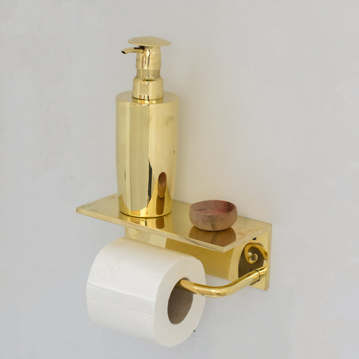 Unlacquered Brass Bathroom Floating Shelf With Hook, Wall Mount Shelf With Toilet Paper Holder - Insideast