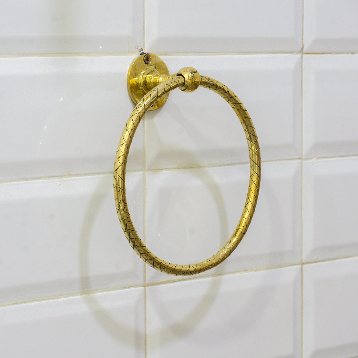 Unlacquered Brass Bathroom Towel Holder, Wall Mount Brass Towel Holder, Hand Etched Towel Ring - Insideast