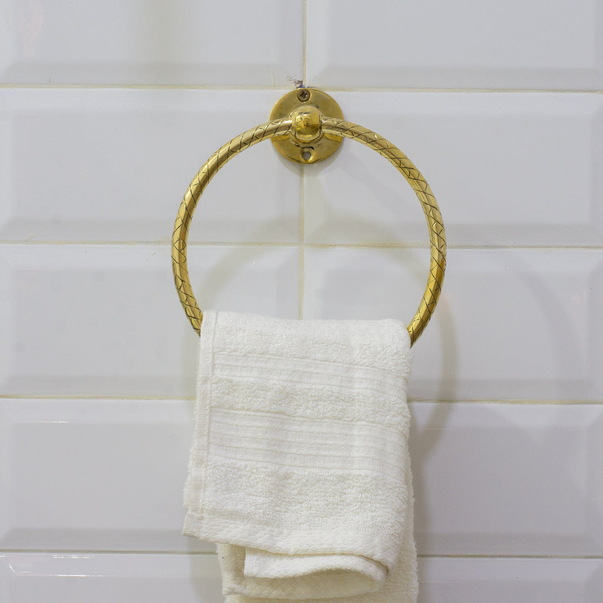 Unlacquered Brass Bathroom Towel Holder, Wall Mount Brass Towel Holder, Hand Etched Towel Ring - Insideast