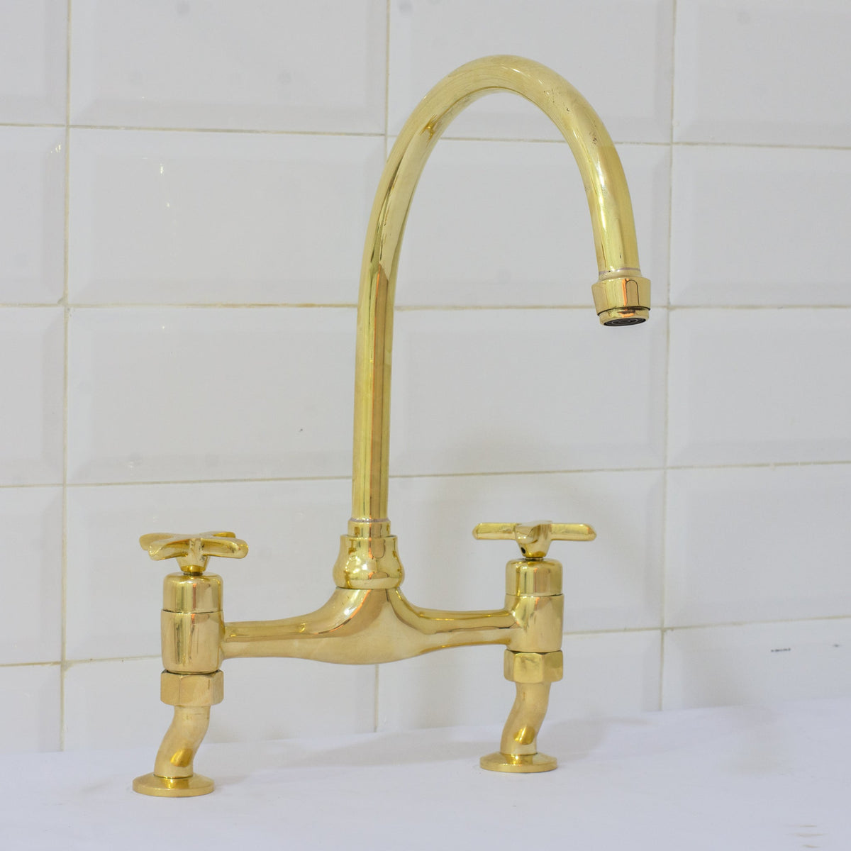 Unlacquered Brass Bridge Curved Legs Faucet, Arched Legs Faucet, Bridge Kitchen Faucet, 2 - Hole Kitchen Faucet, Farmhouse Faucet - Insideast