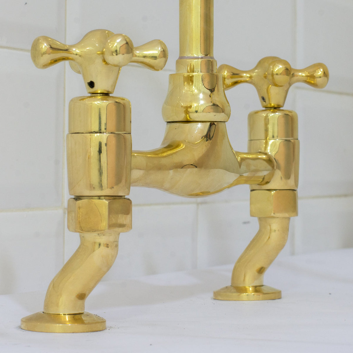 Unlacquered Brass Bridge Curved Legs Faucet, Arched Legs Faucet, Bridge Kitchen Faucet, 2 - Hole Kitchen Faucet, Farmhouse Faucet - Insideast