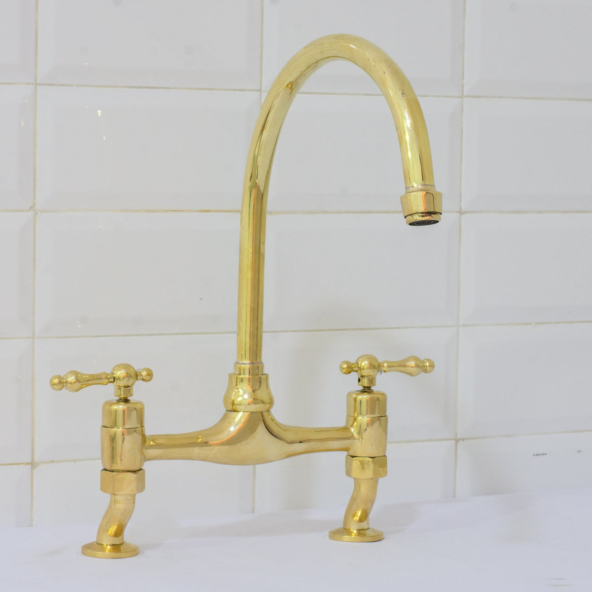 Unlacquered Brass Bridge Curved Legs Faucet, Arched Legs Faucet, Bridge Kitchen Faucet, 2 - Hole Kitchen Faucet, Farmhouse Faucet - Insideast
