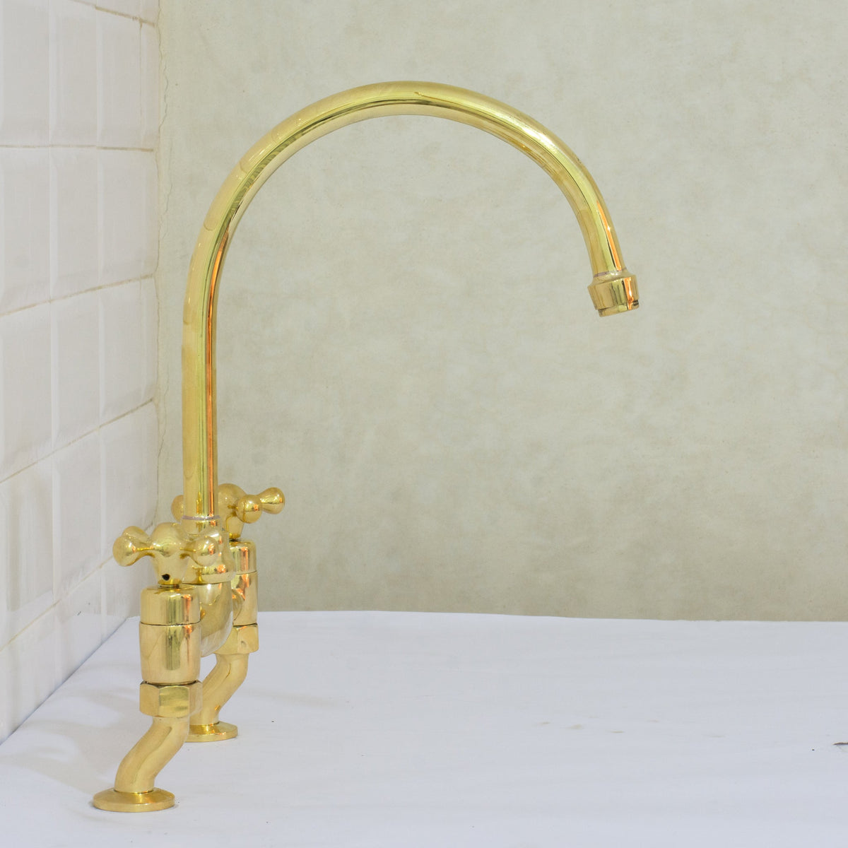 Unlacquered Brass Bridge Curved Legs Faucet, Arched Legs Faucet, Bridge Kitchen Faucet, 2 - Hole Kitchen Faucet, Farmhouse Faucet - Insideast