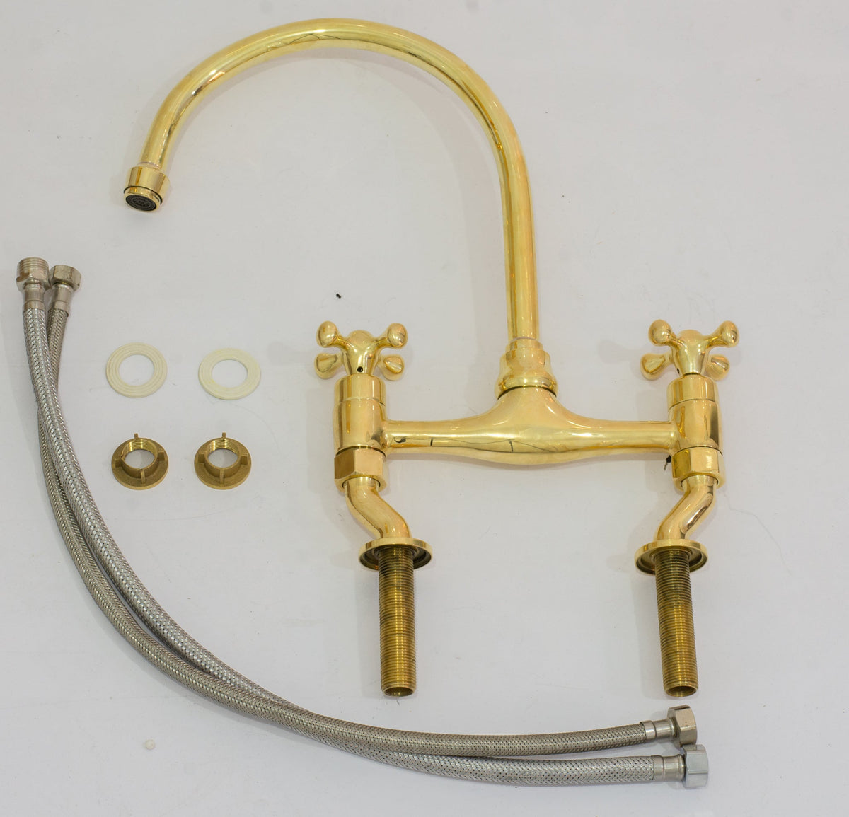 Unlacquered Brass Bridge Curved Legs Faucet, Arched Legs Faucet, Bridge Kitchen Faucet, 2 - Hole Kitchen Faucet, Farmhouse Faucet - Insideast