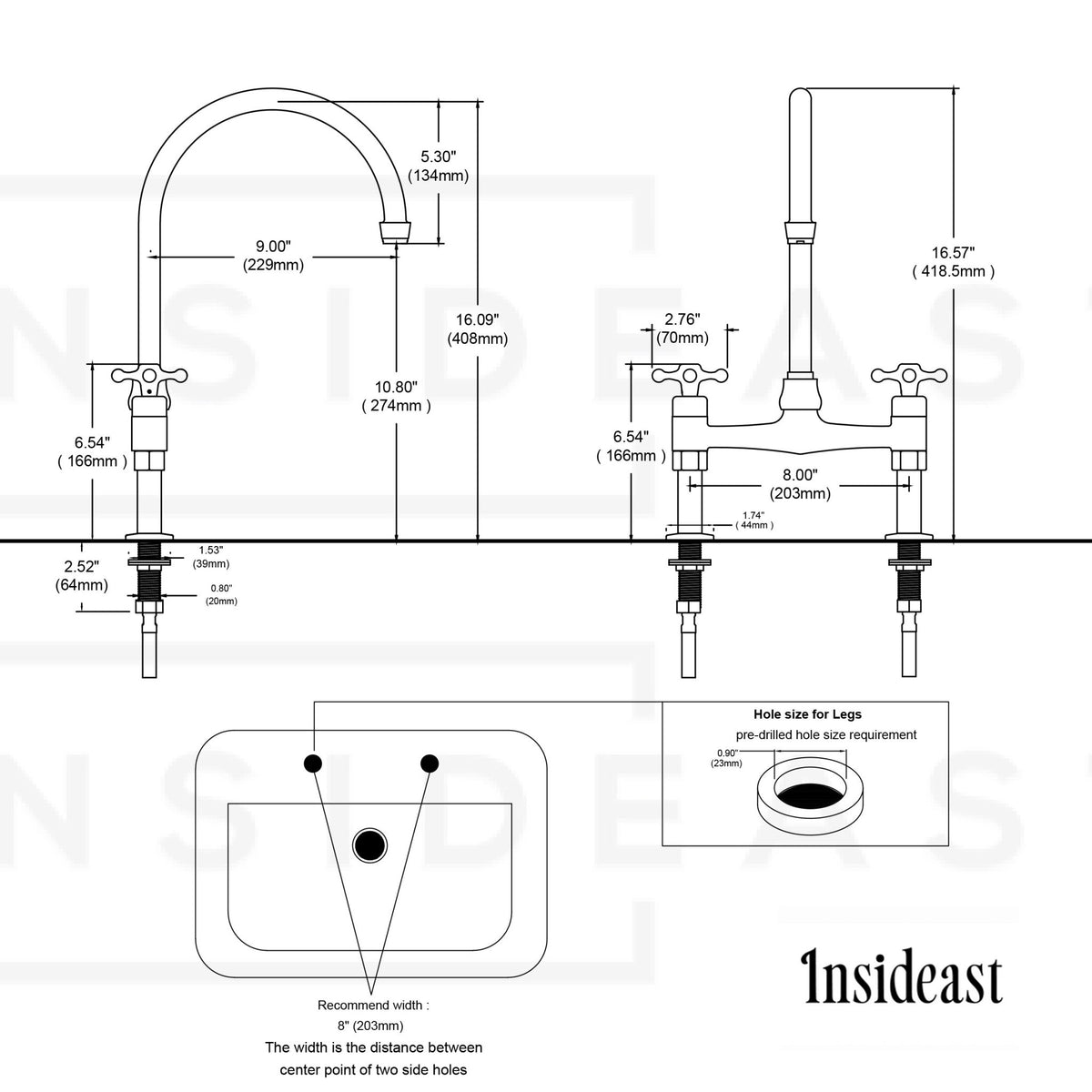 Unlacquered Brass Bridge Faucet 8" Widespread Kitchen Faucet - Insideast