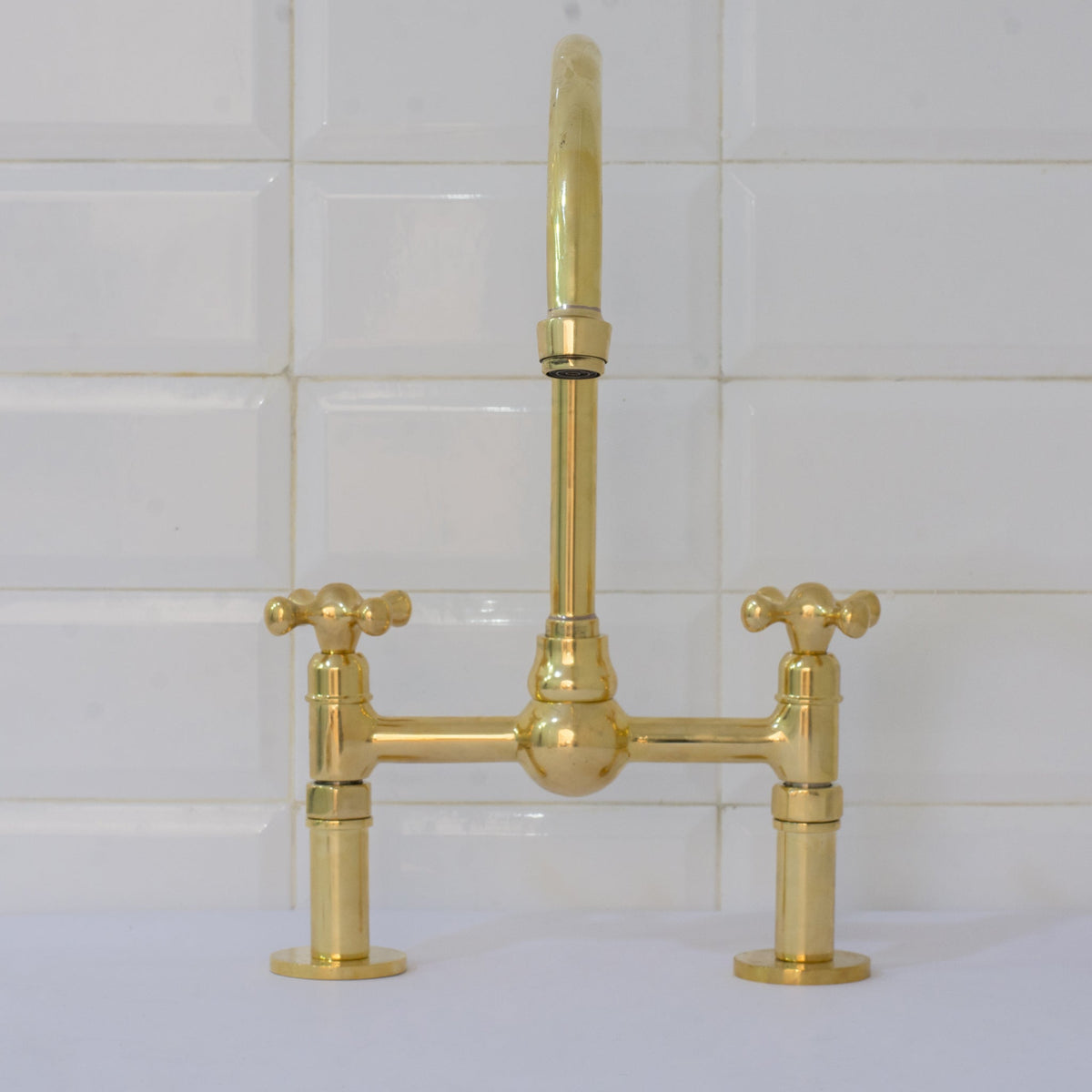 Unlacquered Brass Bridge Faucet, Kitchen Sink Faucet, Simple Cross Handles - Insideast
