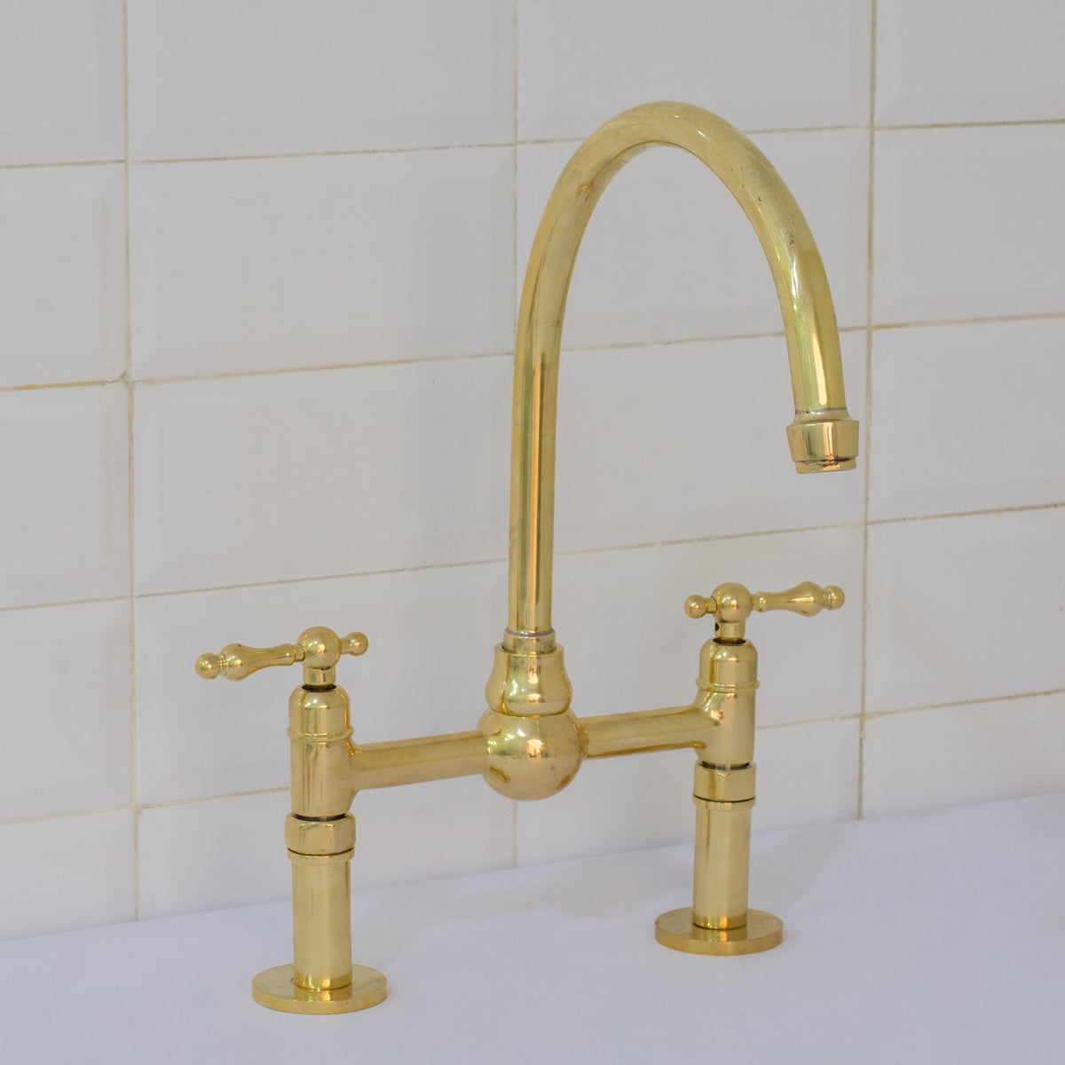 Unlacquered Brass Bridge Faucet, Kitchen Sink Faucet, Simple Cross Handles - Insideast