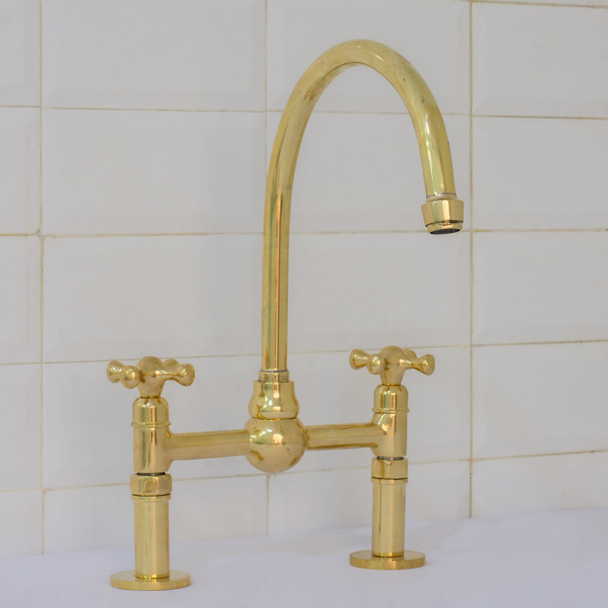 Unlacquered Brass Bridge Faucet, Kitchen Sink Faucet, Simple Cross Handles - Insideast