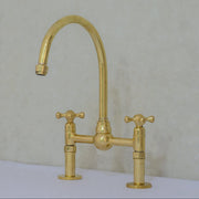 Unlacquered Brass Bridge Faucet, Kitchen Sink Faucet, Simple Cross Handles - Insideast