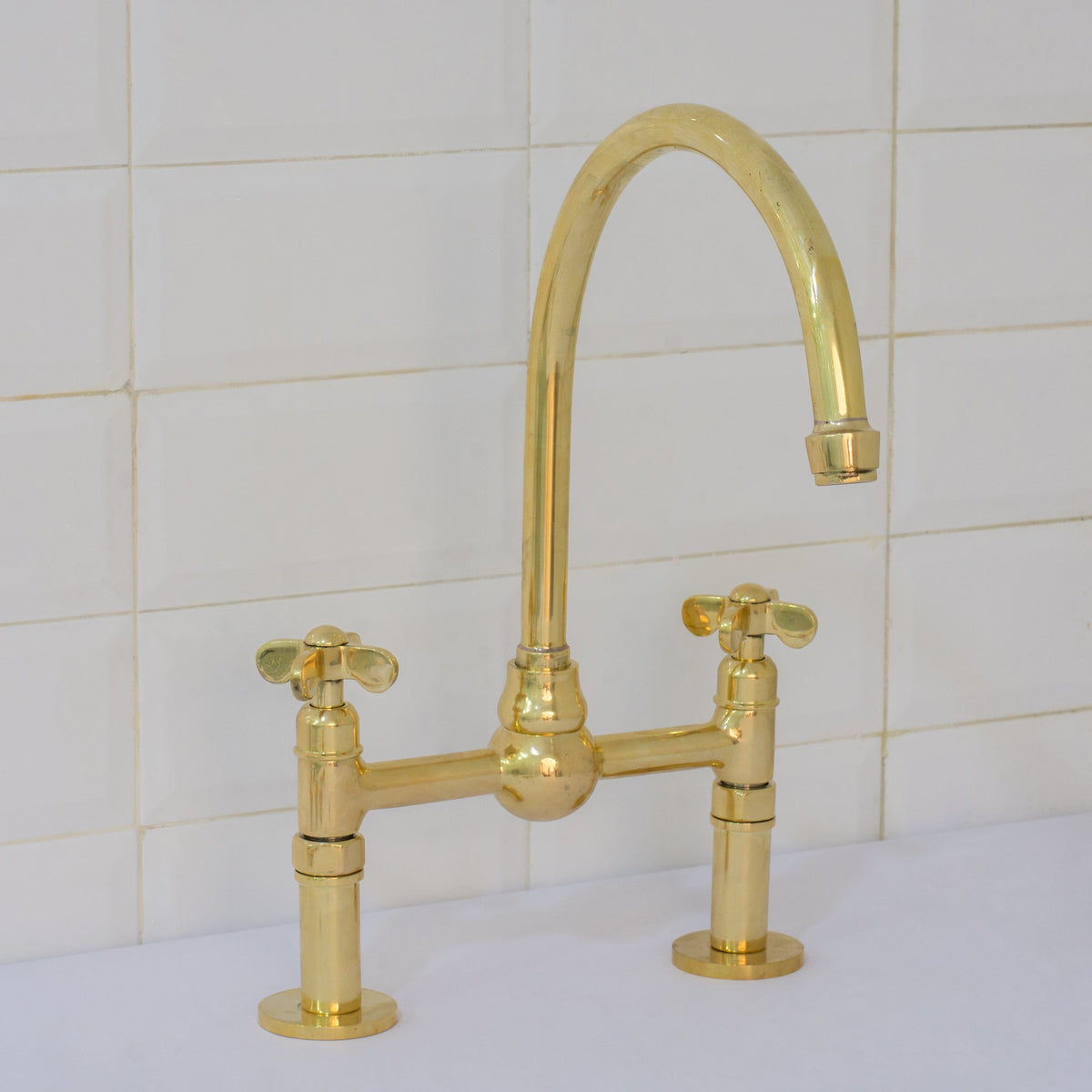 Unlacquered Brass Bridge Faucet, Kitchen Sink Faucet, Simple Cross Handles - Insideast