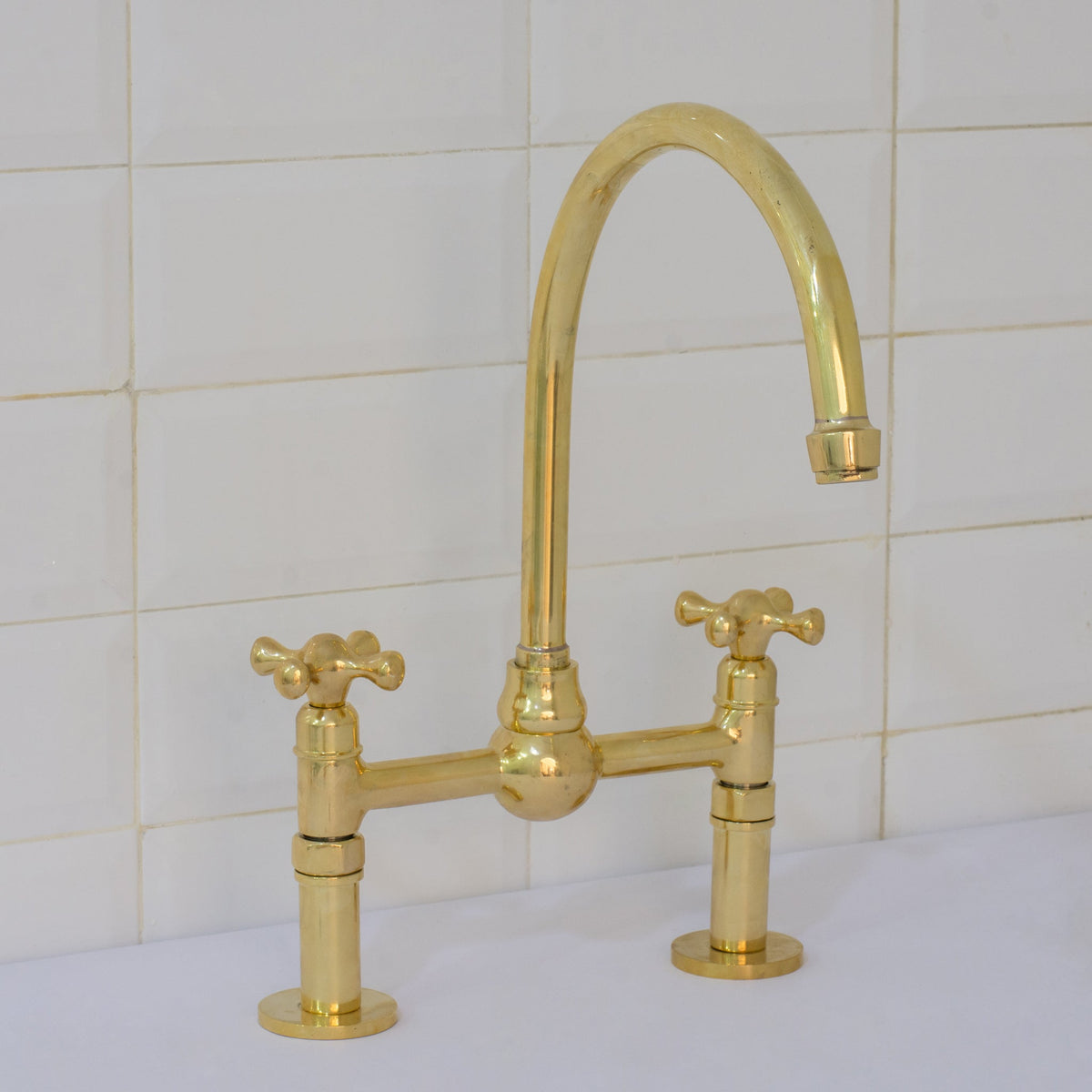 Unlacquered Brass Bridge Faucet, Kitchen Sink Faucet, Simple Cross Handles - Insideast