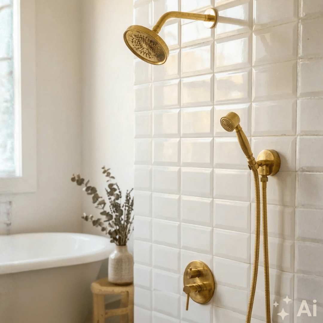 Unlacquered brass built-in shower system with angled arm and handheld