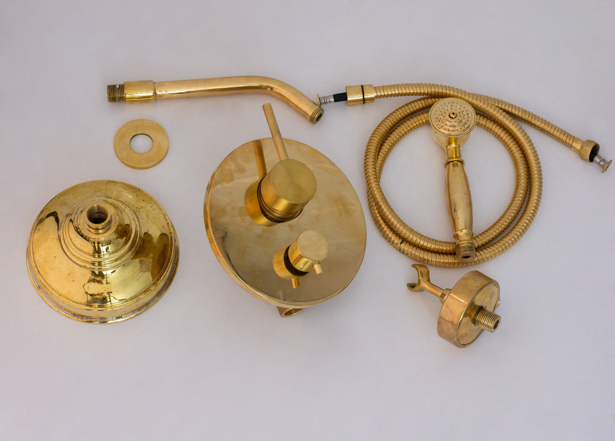Unlacquered Brass Built - In Shower System | Angled Showerhead & Handheld | Concealed 2 - Outlet Set - Insideast