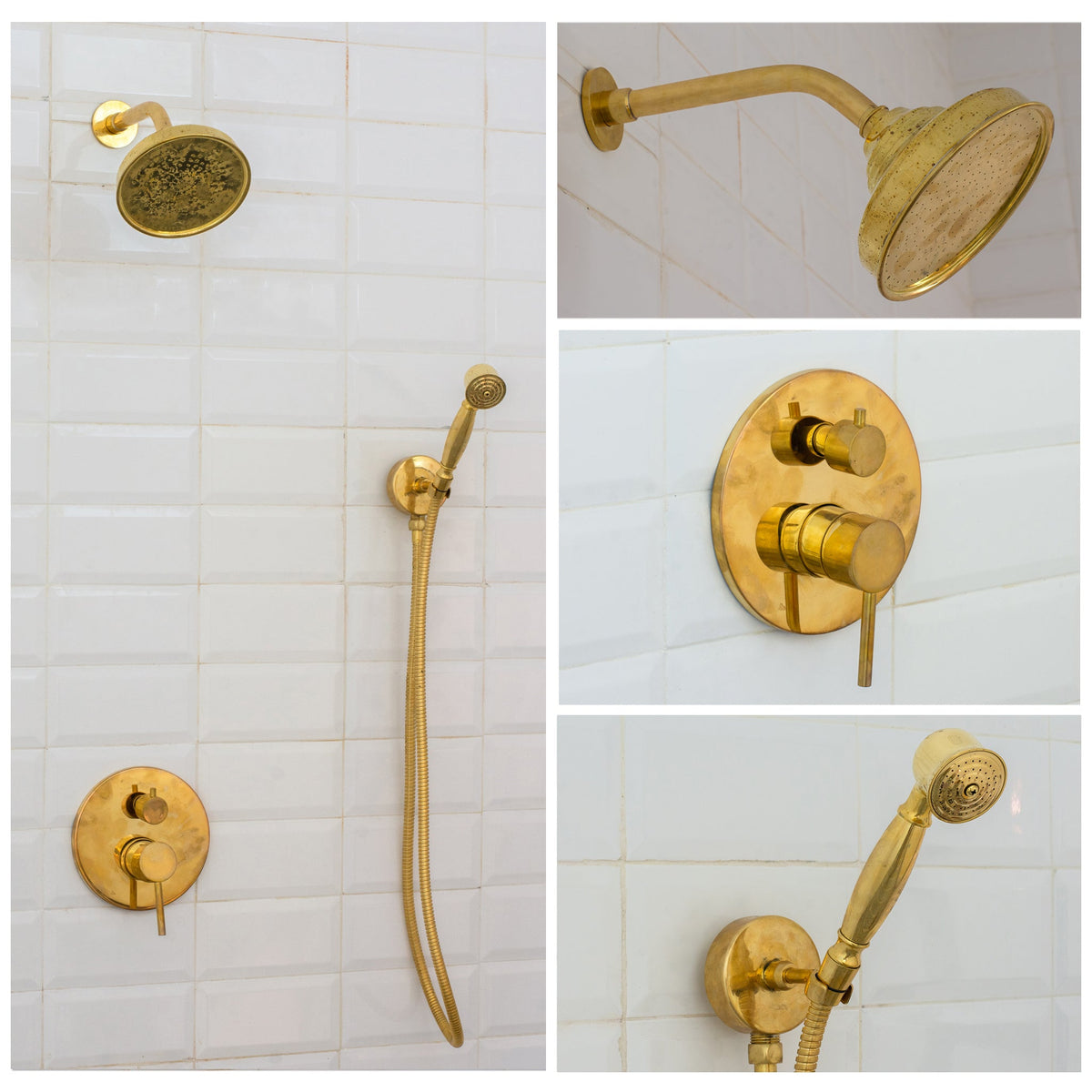 Unlacquered Brass Built - In Shower System | Angled Showerhead & Handheld | Concealed 2 - Outlet Set - Insideast