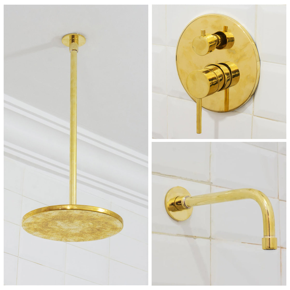 Unlacquered Brass Ceiling Shower System, 2 - Outlet Shower, Overhead Shower With Tub Filler, Ceiling Mount Showerhead with Tub Faucet - Insideast