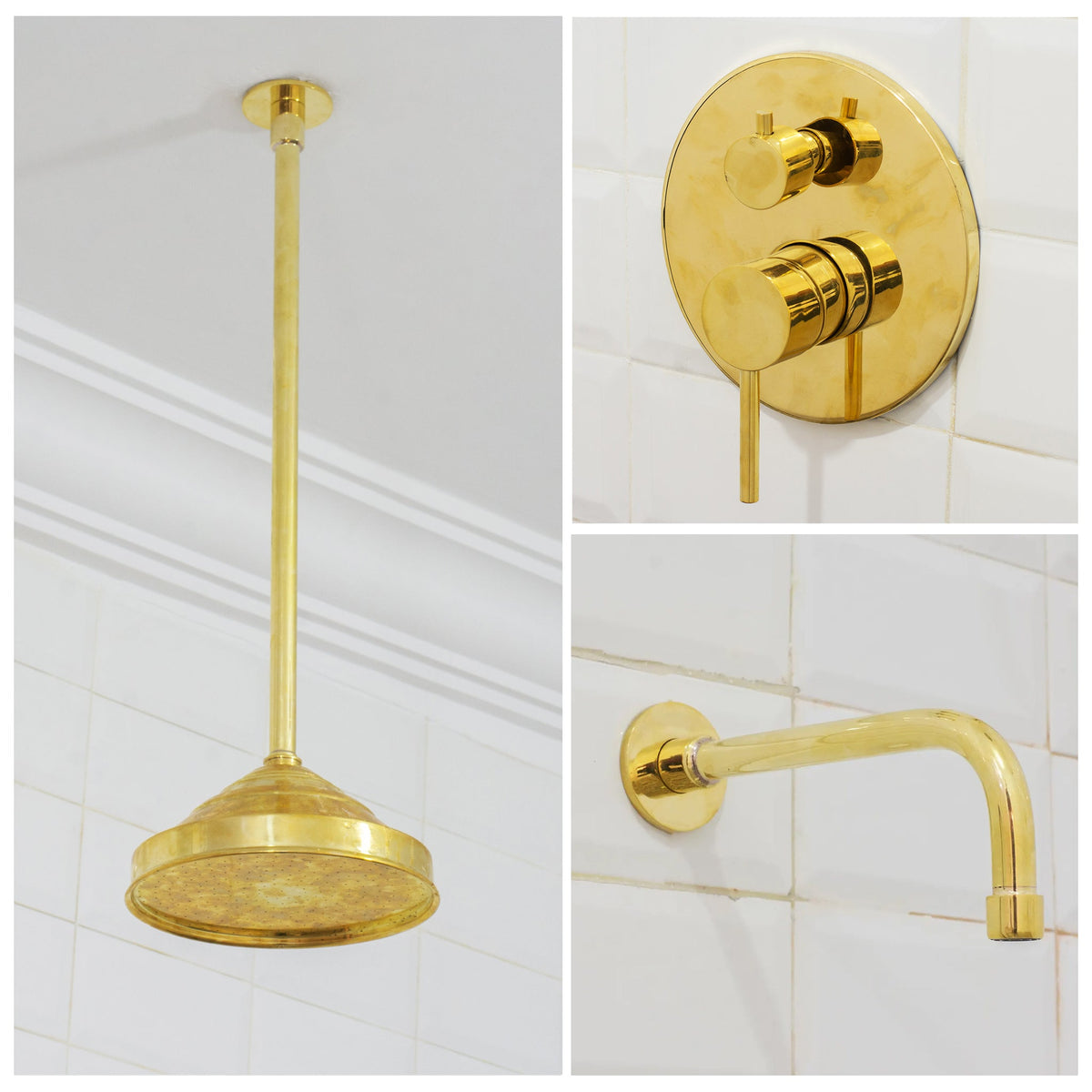 Unlacquered Brass Ceiling Shower System, 2 - Outlet Shower, Overhead Shower With Tub Filler, Ceiling Mount Showerhead with Tub Faucet - Insideast