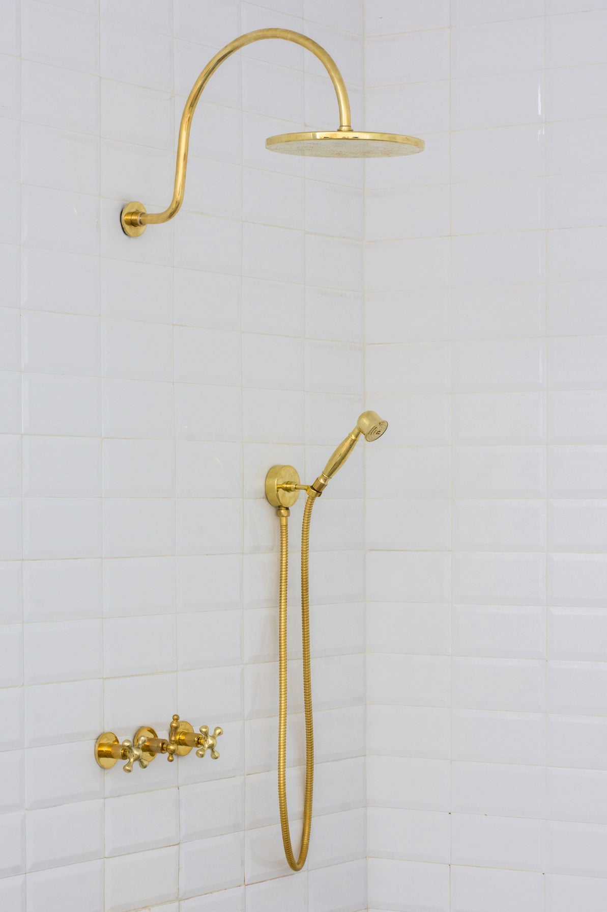 Unlacquered Brass Concealed Shower – Gooseneck Rainfall Arm with Handheld, 2 - Outlet Shower System - Insideast