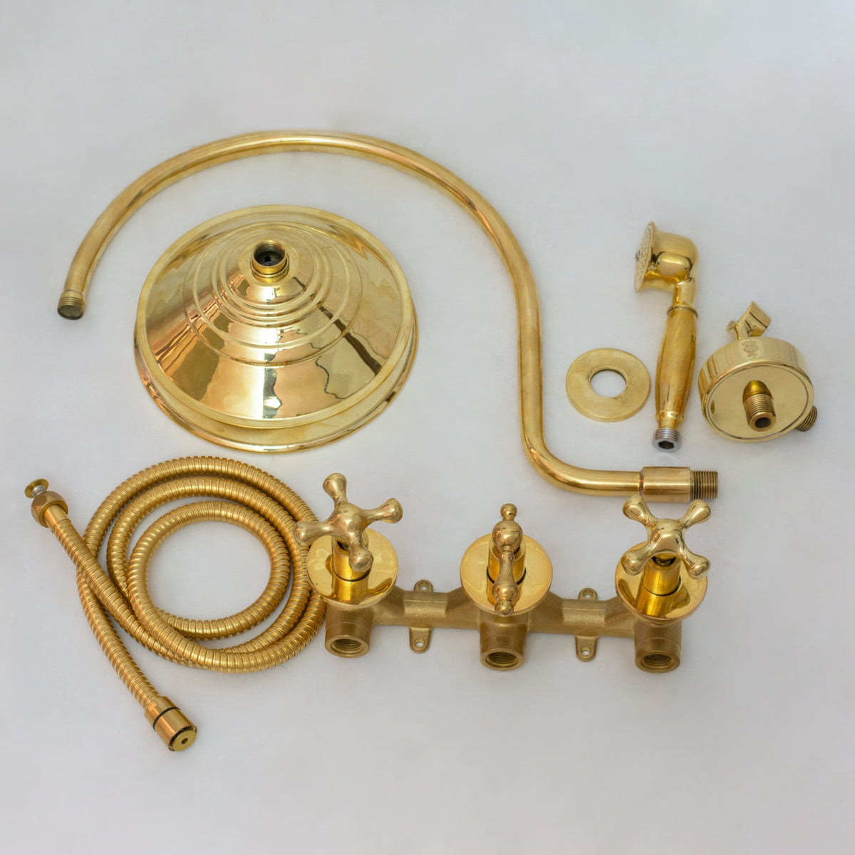 Unlacquered Brass Concealed Shower – Gooseneck Rainfall Arm with Handheld, 2 - Outlet Shower System - Insideast