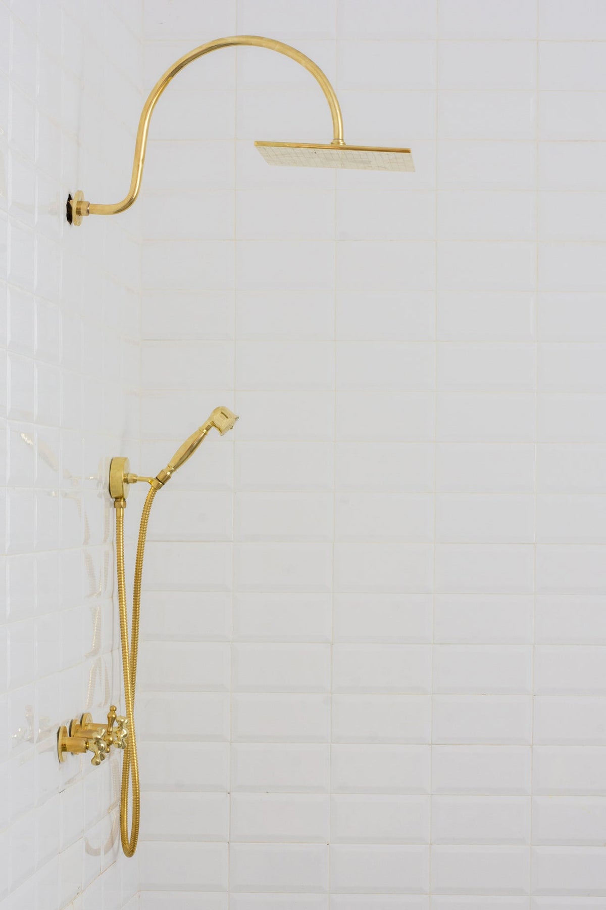 Unlacquered Brass Concealed Shower – Gooseneck Rainfall Arm with Handheld, 2 - Outlet Shower System - Insideast