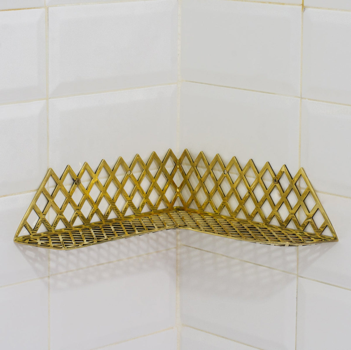 Unlacquered Brass Corner Shower Shelf Grid | Brass Floating Shower Caddy - Insideast