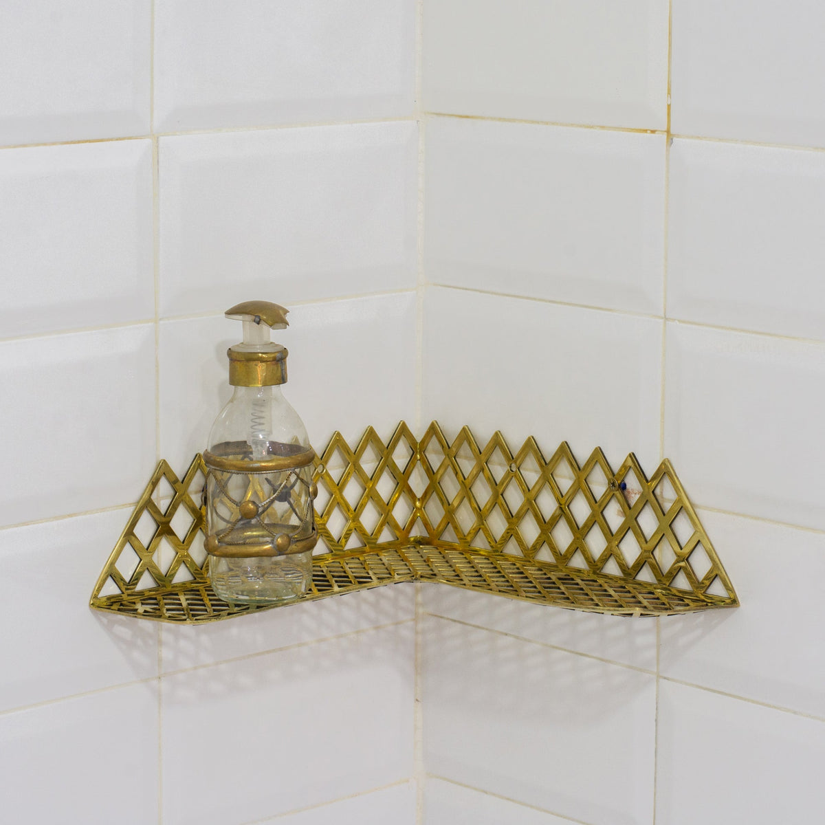 Unlacquered Brass Corner Shower Shelf Grid | Brass Floating Shower Caddy - Insideast