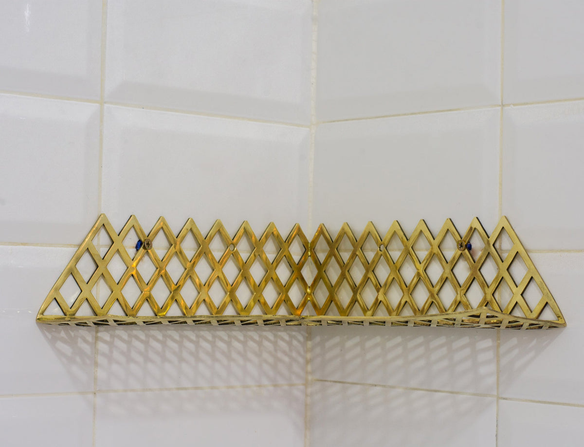 Unlacquered Brass Corner Shower Shelf Grid | Brass Floating Shower Caddy - Insideast