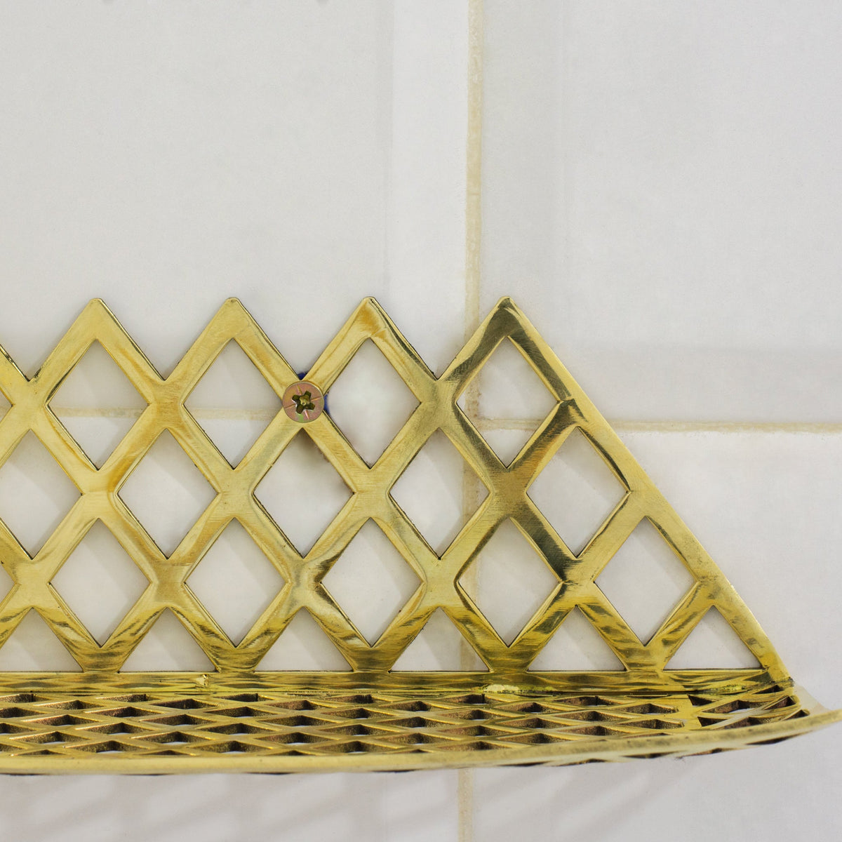Unlacquered Brass Corner Shower Shelf Grid | Brass Floating Shower Caddy - Insideast