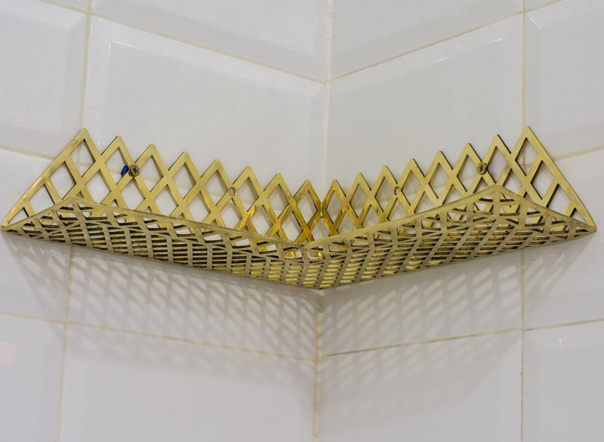 Unlacquered Brass Corner Shower Shelf Grid | Brass Floating Shower Caddy - Insideast