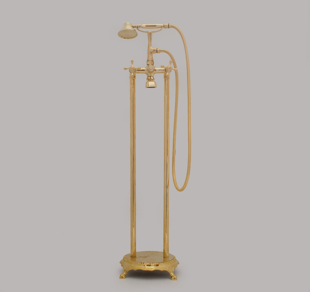 Unlacquered Brass Freestanding Tub Filler, Solid Brass Tub Faucet With Handheld, Floor Mount Bathtub Faucet - Insideast