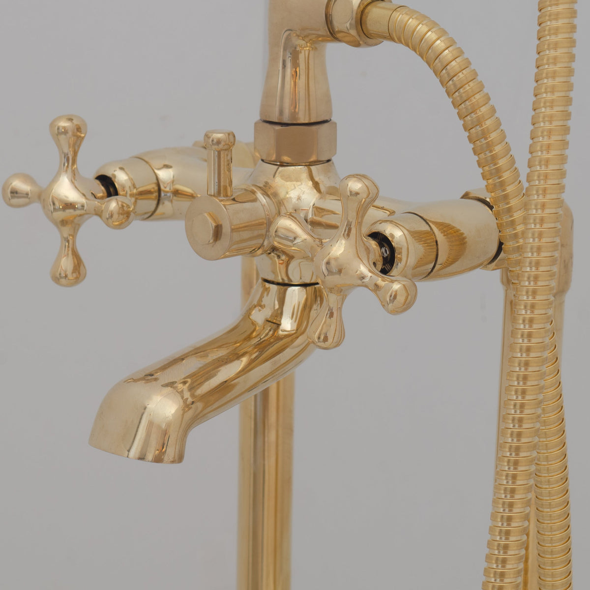 Unlacquered Brass Freestanding Tub Filler, Solid Brass Tub Faucet With Handheld, Floor Mount Bathtub Faucet - Insideast