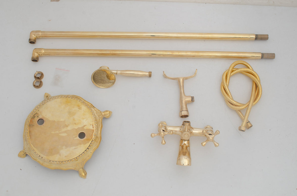 Unlacquered Brass Freestanding Tub Filler, Solid Brass Tub Faucet With Handheld, Floor Mount Bathtub Faucet - Insideast
