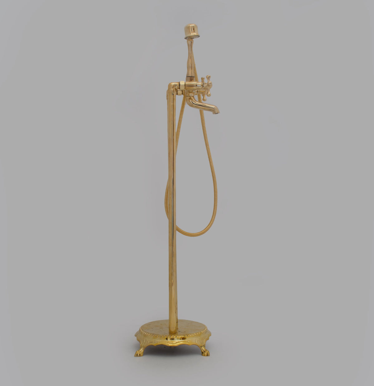 Unlacquered Brass Freestanding Tub Filler, Solid Brass Tub Faucet With Handheld, Floor Mount Bathtub Faucet - Insideast