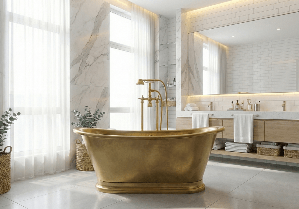 Unlacquered Brass Freestanding Tub Filler, Solid Brass Tub Faucet With Handheld, Floor Mount Bathtub Faucet - Insideast