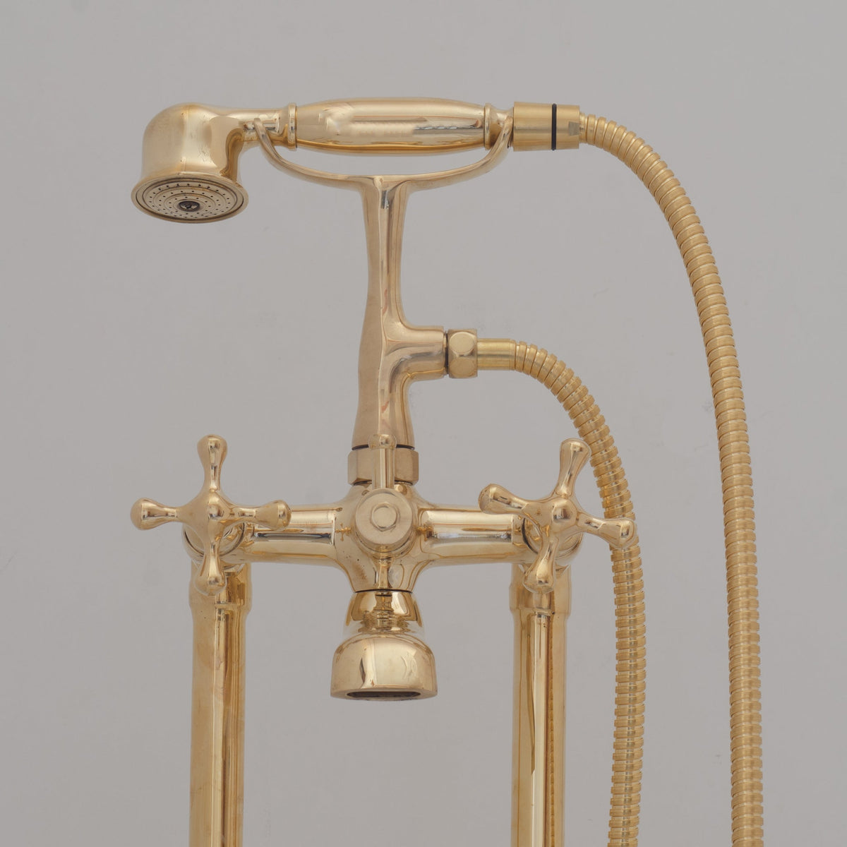 Unlacquered Brass Freestanding Tub Filler, Solid Brass Tub Faucet With Handheld, Floor Mount Bathtub Faucet - Insideast