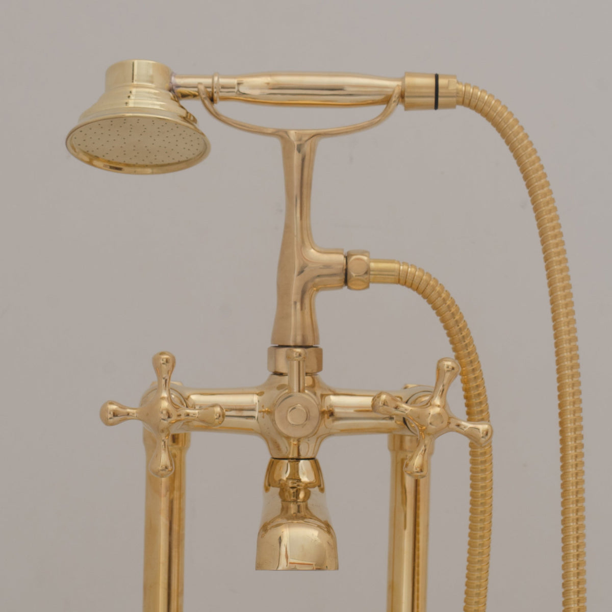 Unlacquered Brass Freestanding Tub Filler, Solid Brass Tub Faucet With Handheld, Floor Mount Bathtub Faucet - Insideast