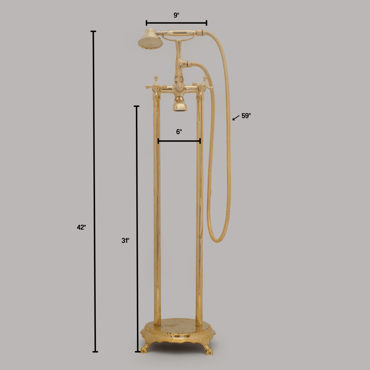 Unlacquered Brass Freestanding Tub Filler, Solid Brass Tub Faucet With Handheld, Floor Mount Bathtub Faucet - Insideast