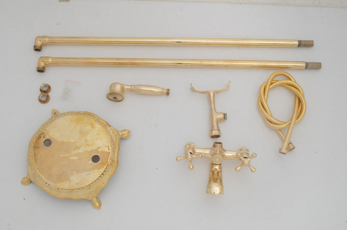 Unlacquered Brass Freestanding Tub Filler, Solid Brass Tub Faucet With Handheld, Floor Mount Bathtub Faucet - Insideast