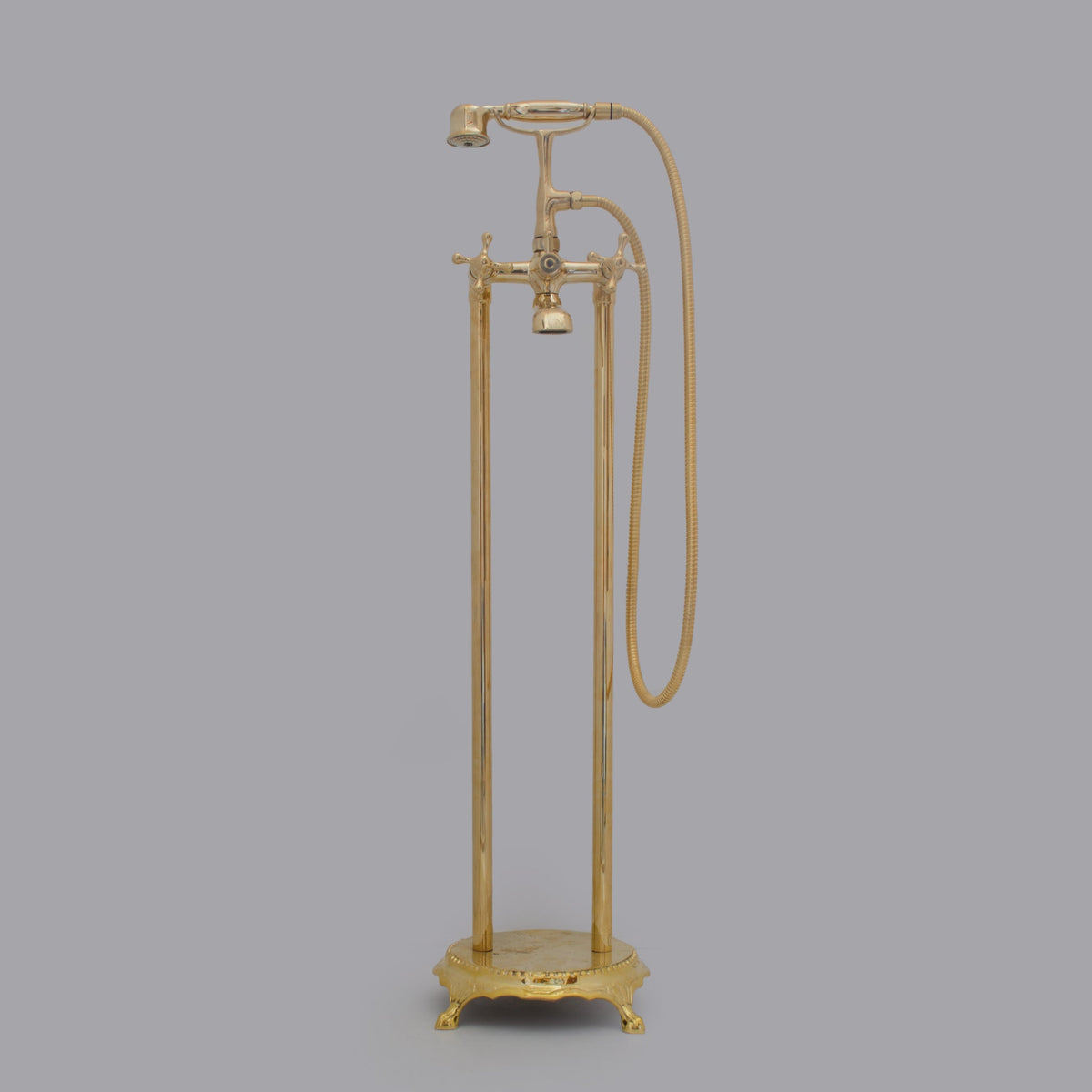 Unlacquered Brass Freestanding Tub Filler, Solid Brass Tub Faucet With Handheld, Floor Mount Bathtub Faucet - Insideast