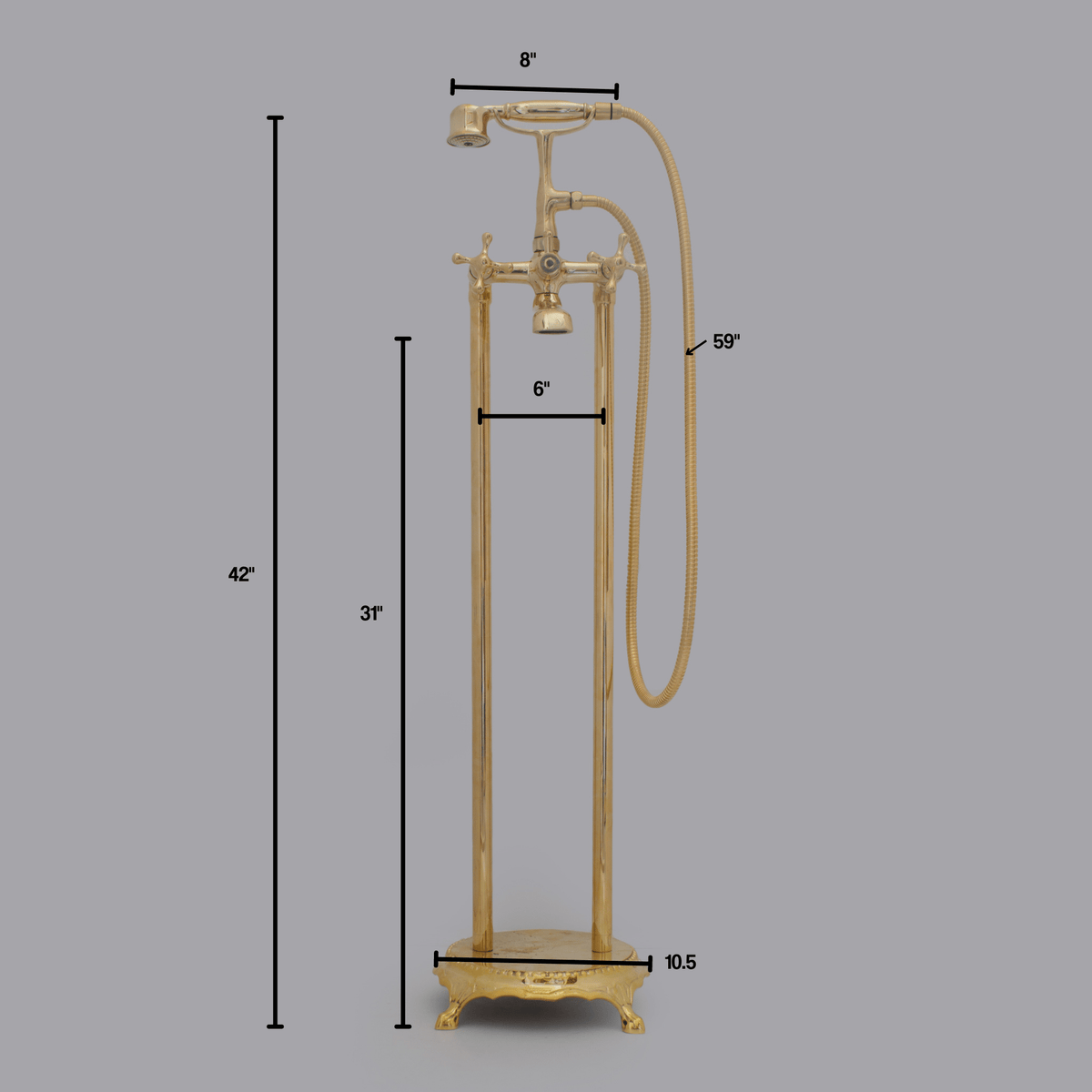 Unlacquered Brass Freestanding Tub Filler, Solid Brass Tub Faucet With Handheld, Floor Mount Bathtub Faucet - Insideast