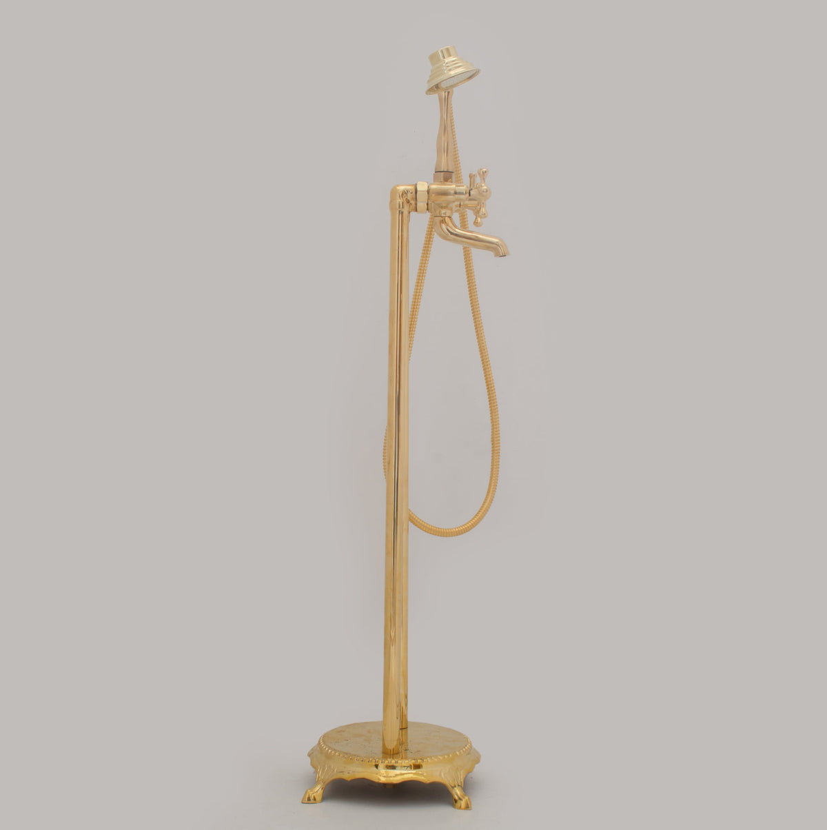Unlacquered Brass Freestanding Tub Filler, Solid Brass Tub Faucet With Handheld, Floor Mount Bathtub Faucet - Insideast