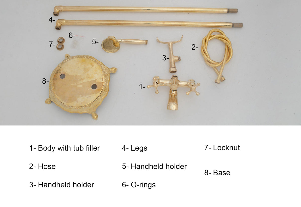 Unlacquered Brass Freestanding Tub Filler, Solid Brass Tub Faucet With Handheld, Floor Mount Bathtub Faucet - Insideast